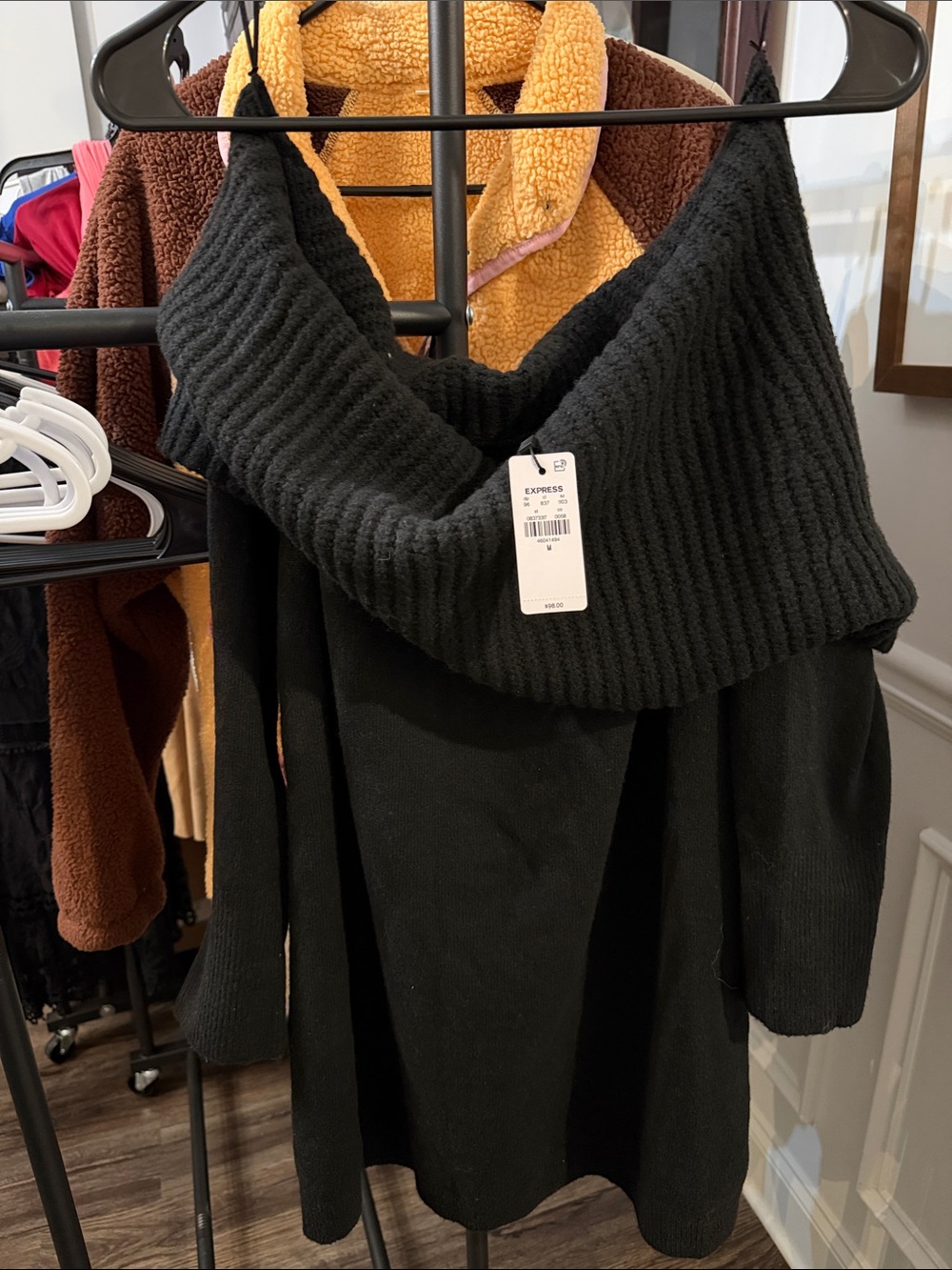Express Black Off-the-Shoulder Ribbed Cowl Sweater Dress